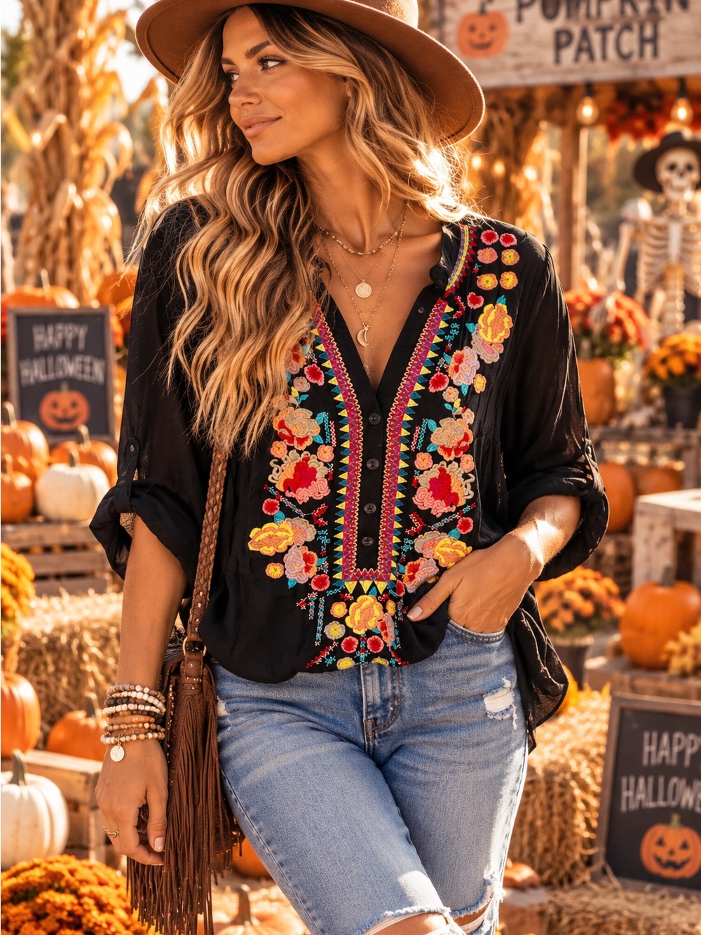 Solitaire womans boho Black Tunic with Bright Floral Embroidery size M